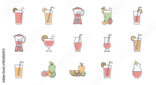 A Collection of Fresh Fruit Juices and Blenders Illustrated in a Vector Design Style