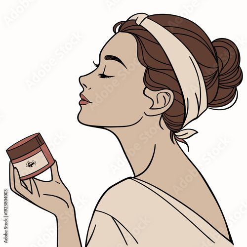 Woman holding jar of cream with closed eyes skincare
