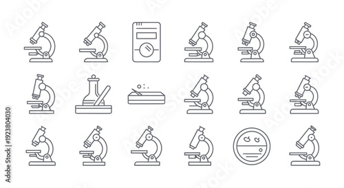 A collection of scientific microscopy and laboratory equipment outline illustrations