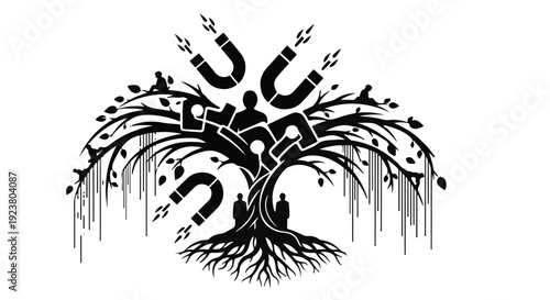 Magnetic tree with hanging magnets and leaves