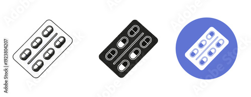 Black and white blister pack illustrations with blue background circle