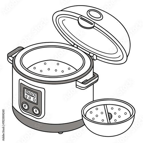 Rice cooker with lid open and steamer basket electric cooker