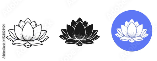 Black and white lotus flower designs with blue circle background