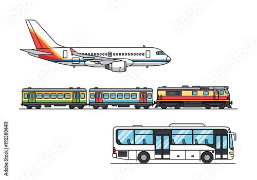 An illustration of an airplane a train and a bus sidebyside