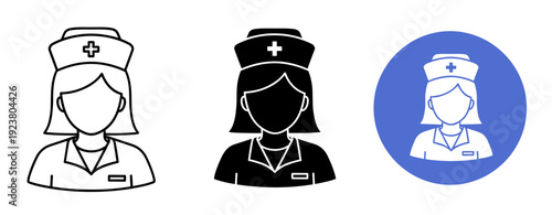 Nurse icons: outline, filled, and color variations with blue background