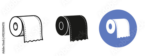 Minimalistic toilet paper roll icons: black, white, blue variations