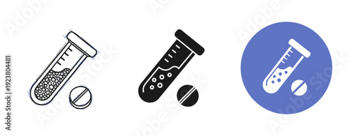 Test tube icon set with capsules in line, solid, and colored styles