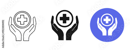 Healthcare symbols: hands holding medical cross icons in black and white
