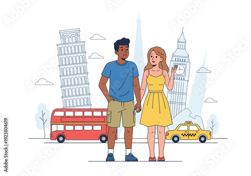 Couple holding hands with European landmarks bus and taxi backdrop