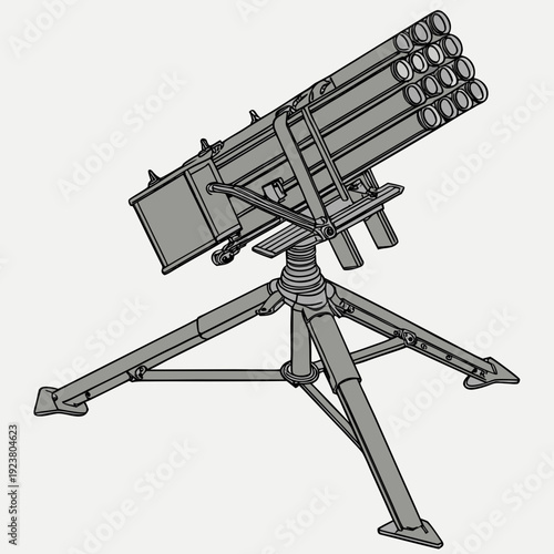 Gray metal missile launcher on tripod stand with multiple tubes