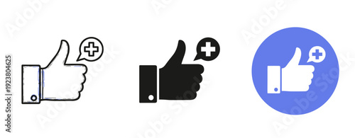 Set of thumbs up icons with health symbols in various styles