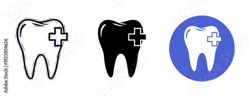 Tooth icon variations with medical cross for dental care and health