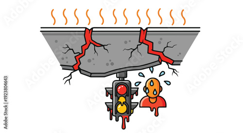 Illustration of a cracked asphalt road with a melting traffic light and a distressed pedestrian experiencing heat wave and global warming effects.