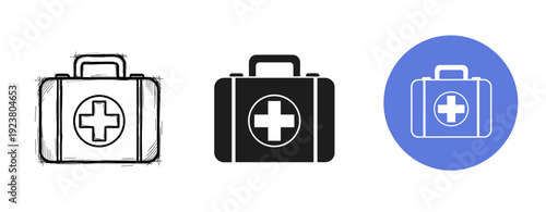First aid kit icons: sketch, solid, blue background variations