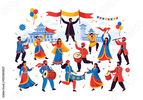 Festive group of South Asian dancers and musicians celebrating with drums and flags
