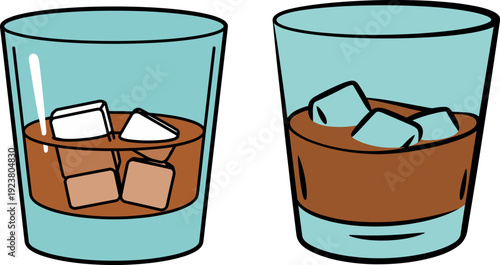 Two whiskey glasses with ice cubes, classic brown liquor drink illustration in cartoon vector style isolated background