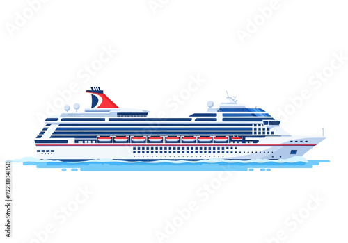 Flat illustration of a cruise ship with a red and blue funnel sailing on blue water