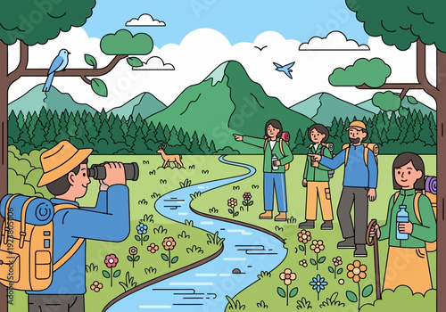 Hikers observe nature including a deer near a winding stream and mountains