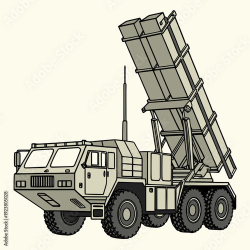 Military vehicle with missile launcher system truck