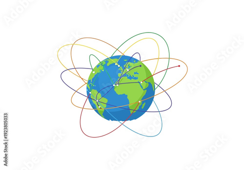 Illustration of a stylized Earth globe with multiple colored lines connecting points globally