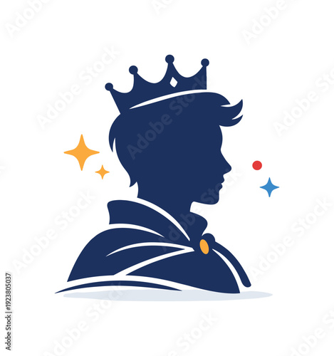 Silhouette of a young prince wearing a crown and cape with sparkling stars