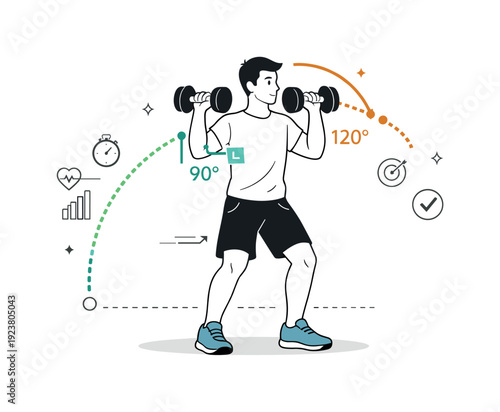 Man performing dumbbell shoulder press exercise with proper form and progress tracking icons