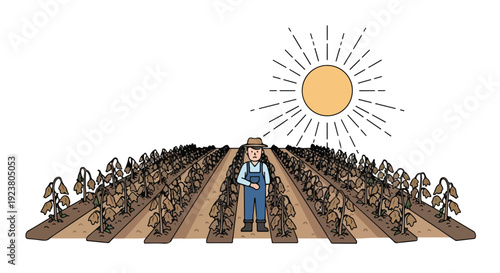 Illustration of a farmer standing in a dry, barren field with withered crops under a bright sun, conveying a sense of global warming and heat wave.