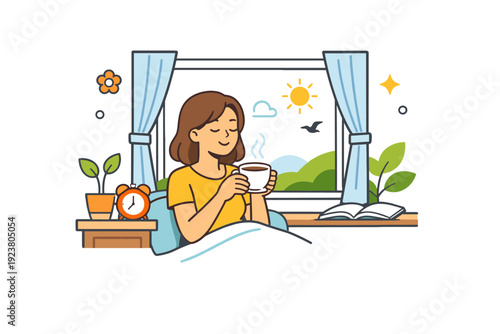 Spring lifestyle concept people enjoying slow mornings with fresh air, open windows, and light greenery, reflecting balance, comfort, and a