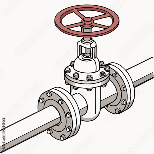 Red handled valve on metal pipe with flanges industrial