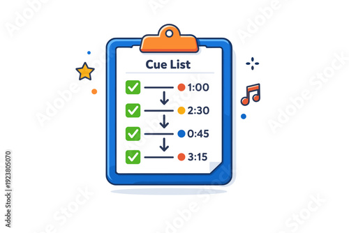 Stage manager?s clipboard with a simple cue list and checkmarks, paired with subtle arrows and timing dots that suggest flow and sequence. A