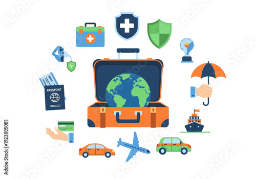 Illustration of travel essentials surrounding an open suitcase with a globe