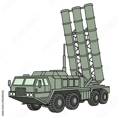 Military truck with missile launcher system green vehicle