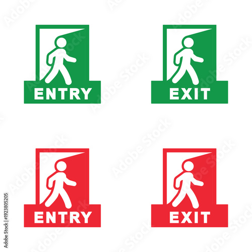 Set of entry and exit signs with walking person icons in green and red colors. Ideal for access control, safety guidance, public buildings, offices, malls, and directional navigation concepts