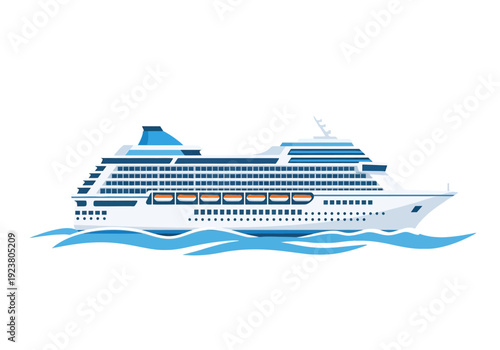 Stylized illustration of a white and blue cruise ship sailing on blue waves
