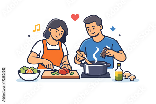 Couple cooking together focused on collaboration and shared creativity during meal preparation. A modern and cheerful illustration conveying