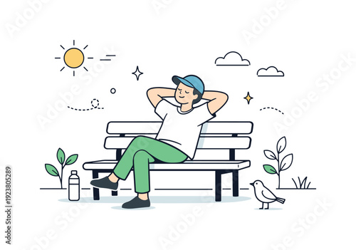 Person relaxing on a park bench enjoying a sunny day with a bird nearby