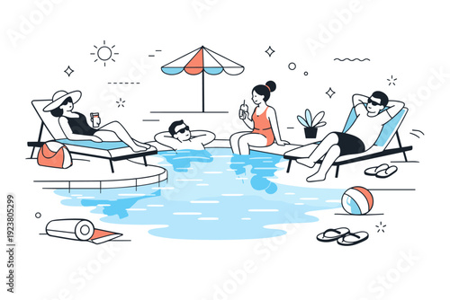 Swimming pool leisure afternoons. People relaxing by a swimming pool, calm water reflections and slow summer rhythm. Peaceful leisure moment