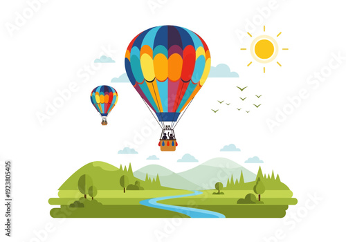 Two colorful hot air balloons fly over a green layered landscape with a river