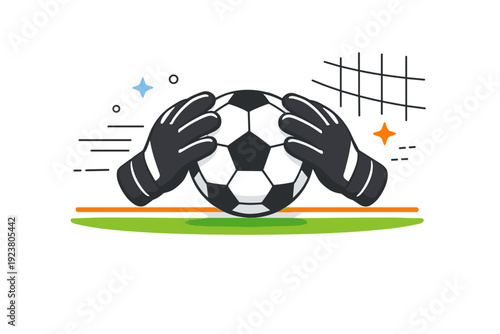 Goalkeeper save. A close-up style scene of gloved hands stopping a fast-moving ball near the goal line. Abstract motion cues highlight