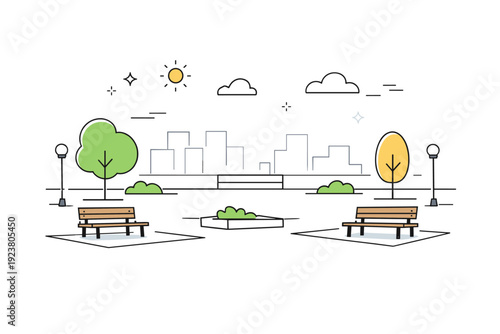 Empty public spaces daylight. Wide open plaza with a few benches and trees under soft daylight, no people present. Calm, quiet cityscape