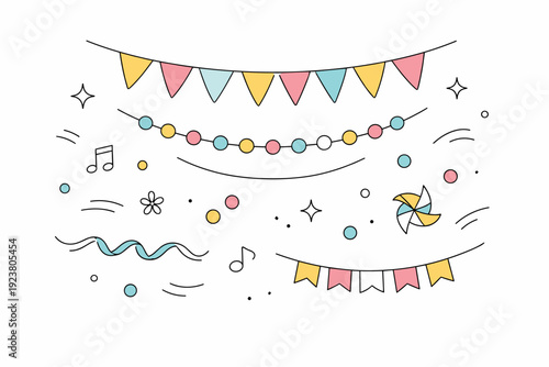 Spring carnival decorations. Minimal objects such as flags, garlands, and abstract confetti floating gently, suggesting festivity without