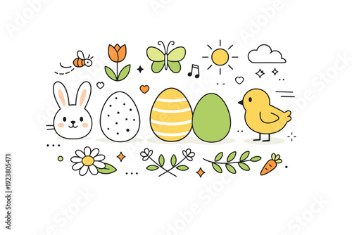 Modern Easter background. Editorial scene combining minimal spring icons, eggs, and floral elements into a clean decorative layout. The