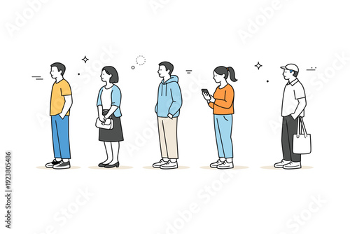 Personal space in public. People standing in line with visible gaps between them, relaxed and unhurried. Orderly queue showing mutual respect and comfort.