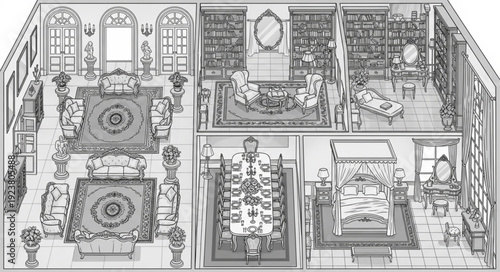 Detailed architectural illustration of a luxurious interior design with multiple rooms and furniture.