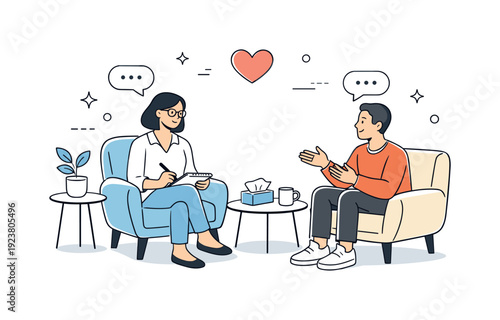 Therapist and patient discussing mental health in a comfortable therapy session