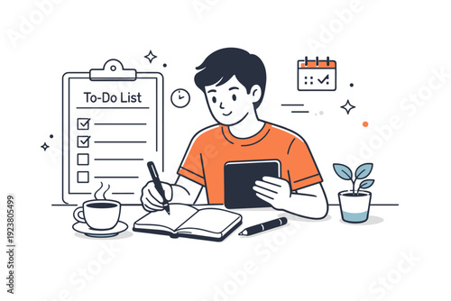 Productive morning routine. A person reviewing a simple to-do list with a notebook and tablet, focused planning and organized start of the
