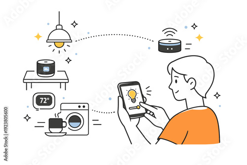Smart home automation. A person tapping a smartphone to control lights and appliances, calm indoor scene with minimal decorative stars and dots indicating