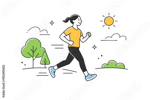 Active healthy lifestyle. Person walking or jogging outdoors with gentle motion lines, trees and sun icons simplified in the background. Light activity, fresh