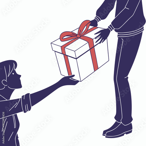 Person handing white gift box with red ribbon to child