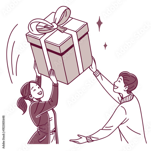 Monochromatic of a man and woman holding up a large gift box with a bow